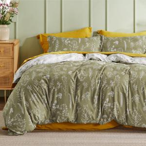 Bedsure Duvet Cover King Size - Reversible Olive Green King Duvet Cover Set with Zipper Closure, 3 Pieces Floral Patterned Bedding Set with 8 Corner Ties and 2 Pillow Shams (King (104" x 90"), 05 - Olive Green (No Comforter))