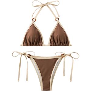 SHENHE Women's Sexy Bikini Sets Ring Triangle Tie Bathing Suits 2 Piece Swimsuits (Medium, Coffee Brown)