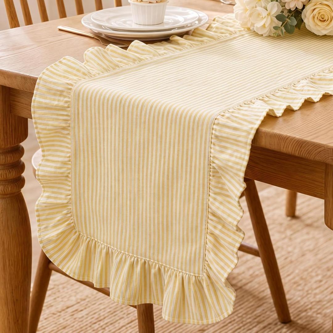 Yellow Stripe Ruffled Table Runner 72 Inches Long Scalloped Table Runner Rustic Cotton Tabletop Farmhouse Decor for Baby Shower Bride Shower Birthday Party Holiday Wedding