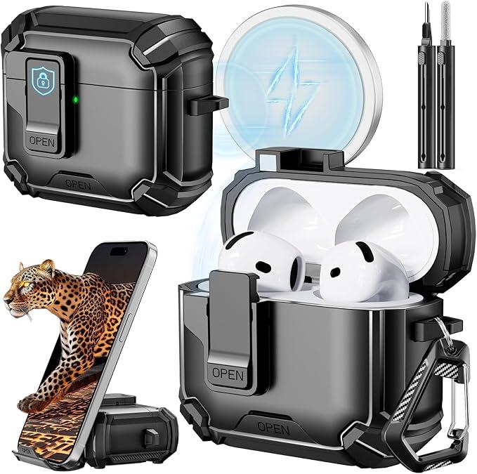 Inesore Compatible with AirPods 4th Case with Phone Stand & Cleaning Kit,Compatible with Magsafe,Magnetic Automatic Lock for Airpods 4 with Active Noise Cancellation Charging Cover (2024)
