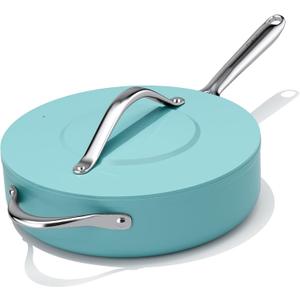 Nonstick Ceramic Saut Pan with Lid (4.5 qt, 11") Deep Frying Pan for All Cooktops, Non Toxic Skillet PTFE/PFAS Free, Oven Safe up to 500F w/ Stainless Steel Stay-Cool Handle, Caribbean Blue