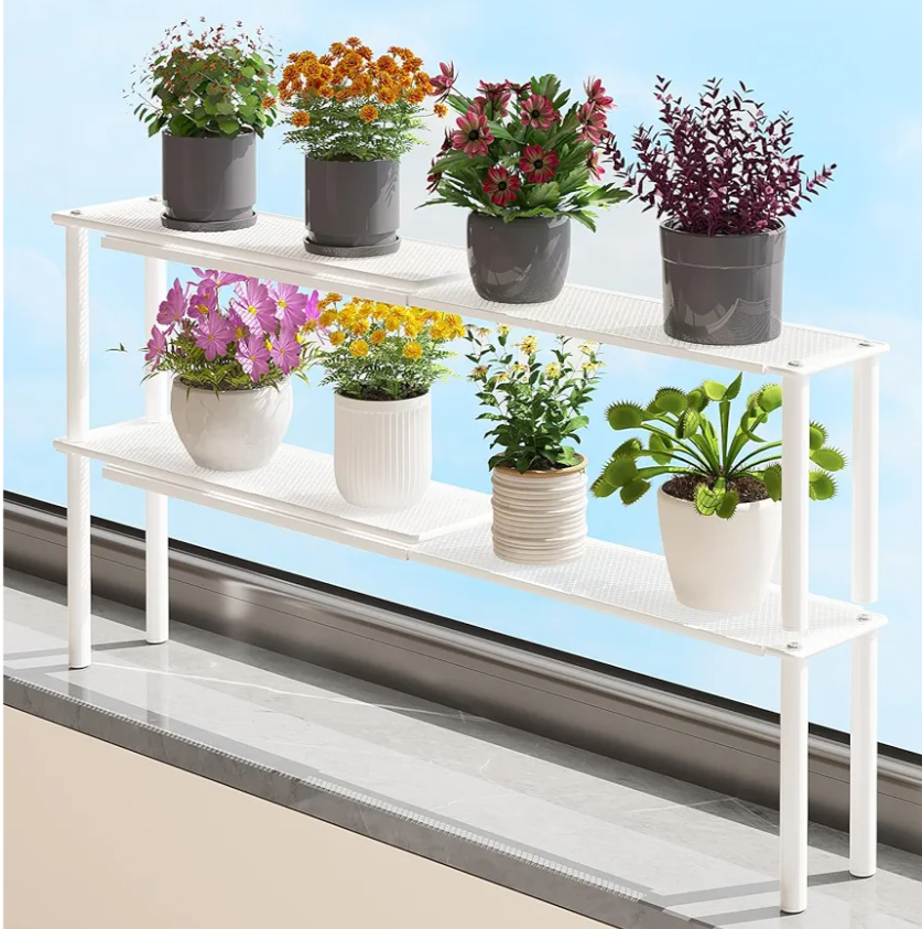 Expandable Window Shelf for Plants Kitchen Sink Organizer Stackable Narrow Shelves Kitchen Countertop Holder Mesh Design (2, White)