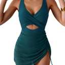 B2prity Women Mesh One Piece Swimdress Swimsuit Tummy Control V Neck Cutout Bathing Suit Wrap Drawstring Sarong Swimwear (X-Large, Peacock Green)