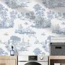 Hopepak 17.3''x197'' Toile Peel and Stick Wallpaper for Bedroom Bathroom White and Blue Wall Paper Self Adhesive Removable French Contact Paper Decoral Cabinets