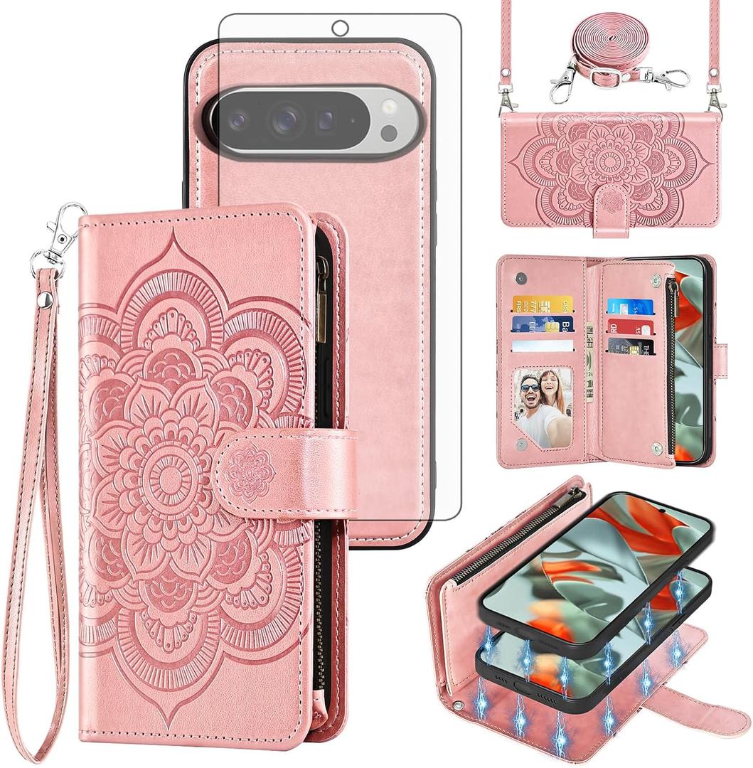 Asuwish Phone Case for Google Pixel 9 Pro XL Zipper Wallet Detachable Cell Cover with Tempered Glass Screen Protector Crossbody Strap Mandala Flower Card Holder Pixel9 9Pro 9ProXL Nine Women Rose Gold