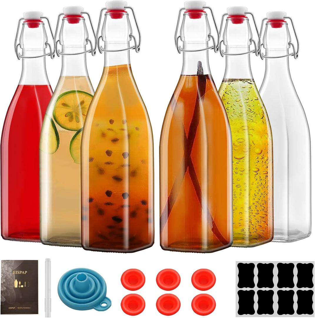 6 Pack 25oz Square Swing Top Glass Bottles, 750ML Bottles with Airtight Stoppers for Kombucha, Kefir, Vanilla Extract, Beer(Bonus Gaskets, Labels and Funnel)
