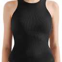 SUUKSESS Women Padded Cotton Ribbed Tank Tops Sleeveless High Neck Racerback Basic Tops(Black, S)