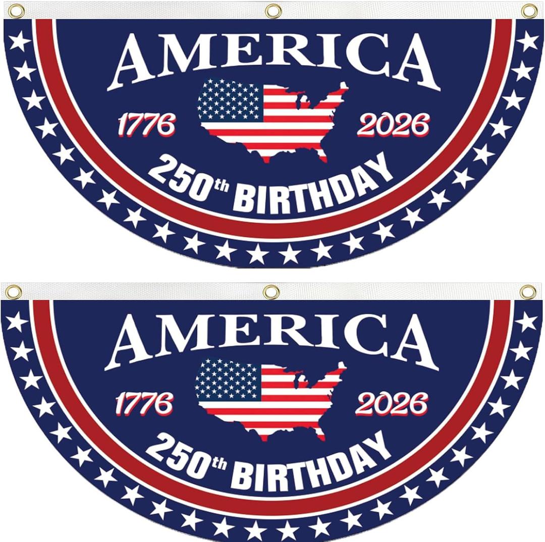 250 Year Anniversary Patriotic Fan Bunting Banner 1776–2026, USA Map Flag Design with Stars, 3x6 FT Large Outdoor Decoration, Brass Grommets, 2 Pack
