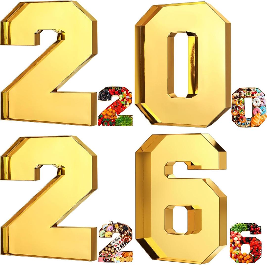 Tellingyou 2026 Charcuterie Number Fillable Plastic Boxes 13.7" New Year Celebration Party Large Fillable Tray Numbers for Chocolate Candy Snack Party Supplies(Gold)
