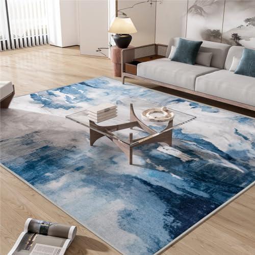 INGEROOM Washable Area Rug 8x10, Modern Abstract Thin Large Rug for Living Room Bedroom Under Dining Table Home Decor, Non Slip Low Pile Area Rug, Oceanic Pattern Navy Blue