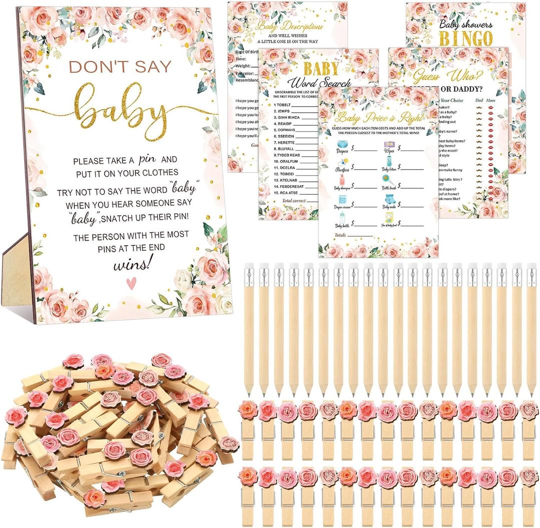Patelai 321 Pcs Floral Baby Shower Game Decorations Set 5 Games Include Floral Baby Shower Bingo Word Scramble Description The Price Don't Say The Word Pencil Clothespins for Flower Game Party Decor