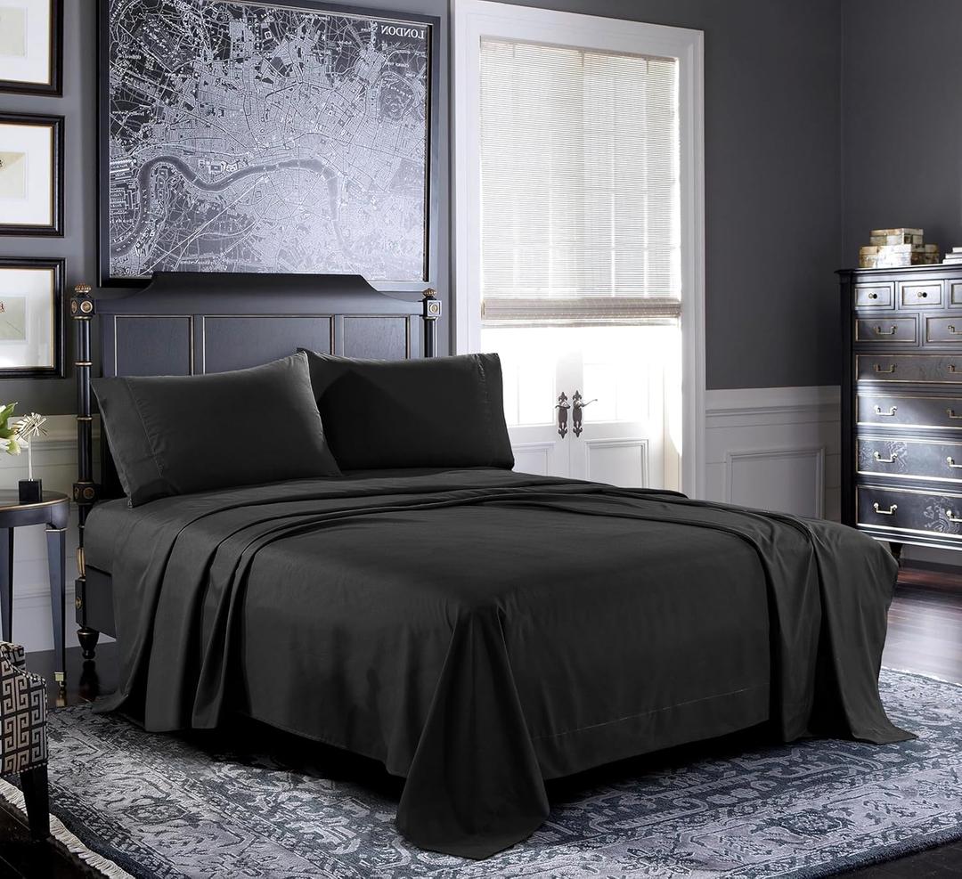 Pure Bedding Bed Sheets - Full Sheet Set [4-Piece, Black] - Hotel Luxury 1800 Brushed Microfiber - Soft and Breathable - Deep Pocket Fitted Sheet, Flat Sheet, Pillow Cases