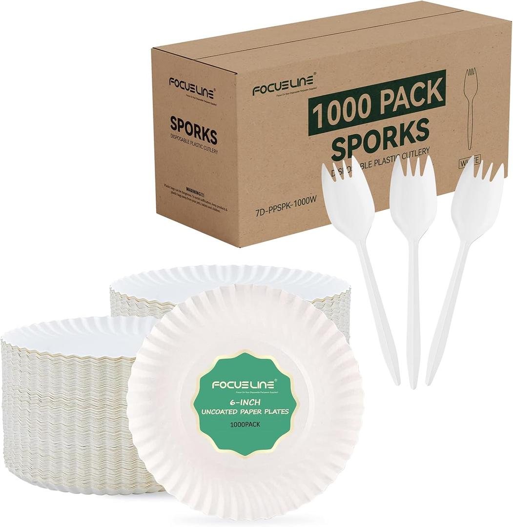 FOCUSLINE 1000 Pack Plastic Sporks White and 6 Inch Uncoated White Paper Plates 1000 Count
