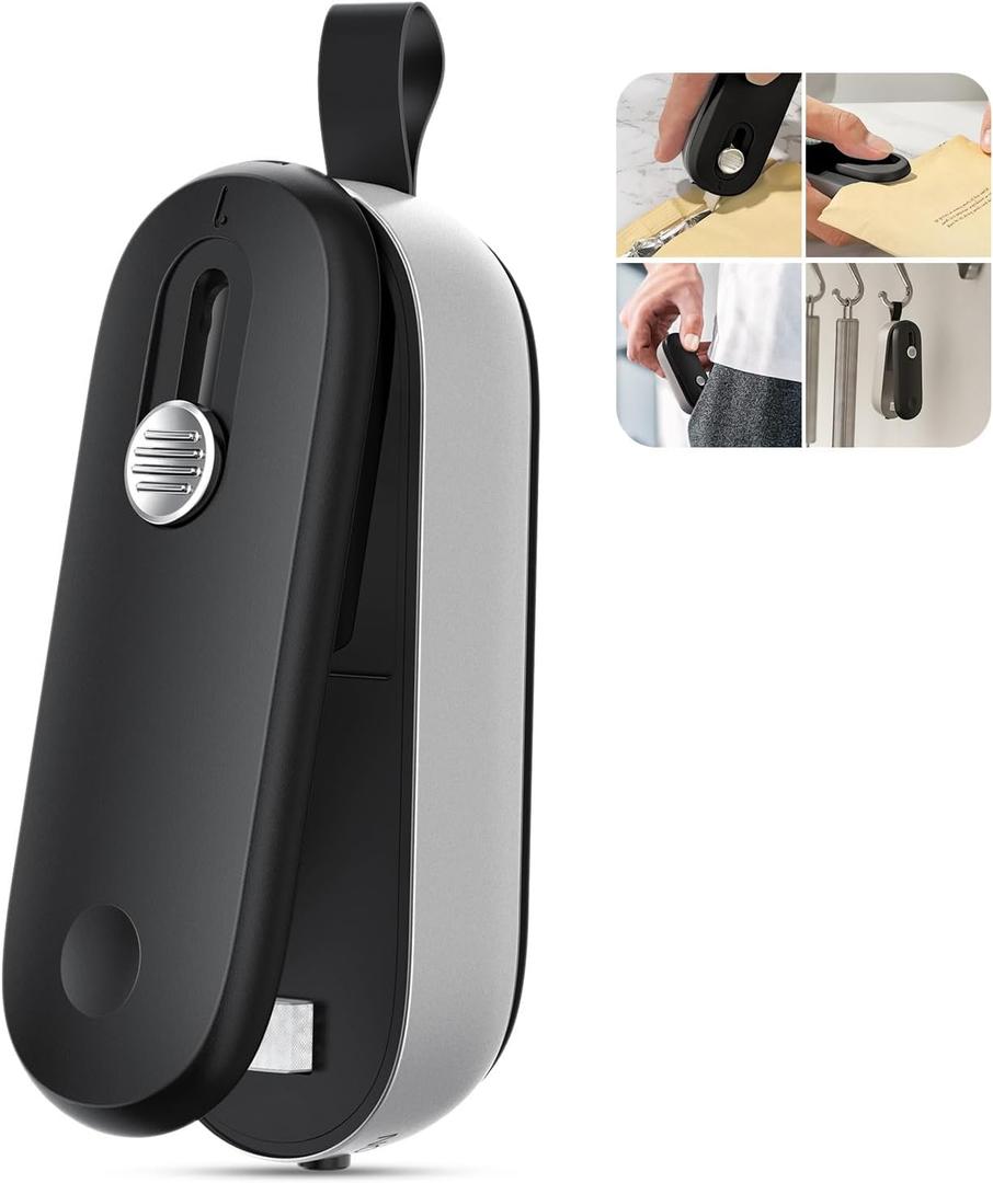 ODSD 2 in 1 Mini Bag Sealer - Heat Seal & Cutter with Lanyard, Portable Handheld Chip Bag Sealer for Snacks, Candies & Food Storage (Batteries Included) (Black/Silver)