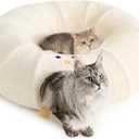 EHEYCIGA Cat Tunnel Bed for Indoor Cats, Cute Cat Donut Toy Tunnel for Small Large Cats with Washable Circle Cushion, Peekaboo Pet Cave Play Tunnel for Kitten, Puppy, Rabbit (Beige)