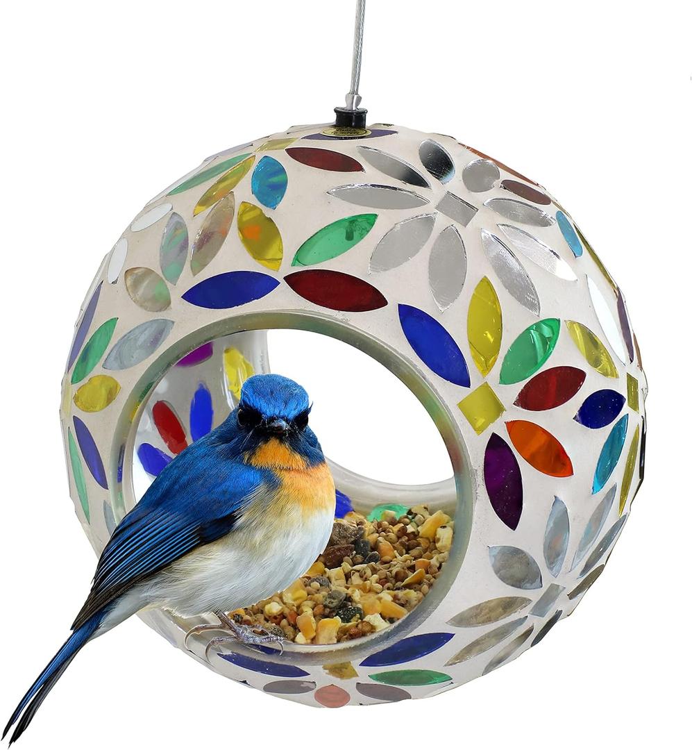 Sunnydaze 6-Inch Glass Mosaic Hanging Bird Feeder for Outdoors - Fly-Through Wild Bird Feeder - Rainbow Daisies (Rainbow Daisies Mosaic)