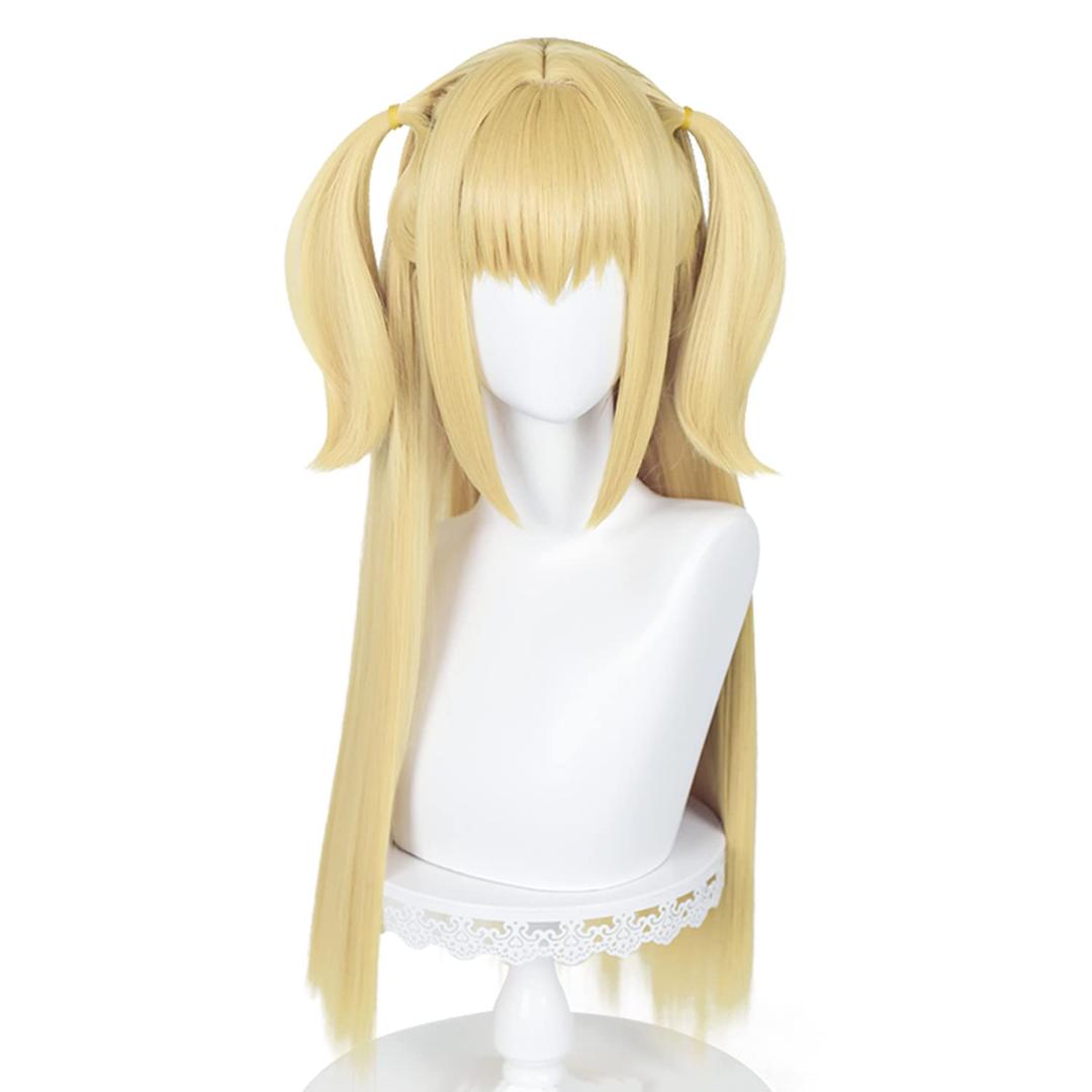 Long Blonde Wig for Misa Amane Cosplay, Long Straight Yellow Cute Kawaii Wig with Bangs + Cap for Halloween Costume