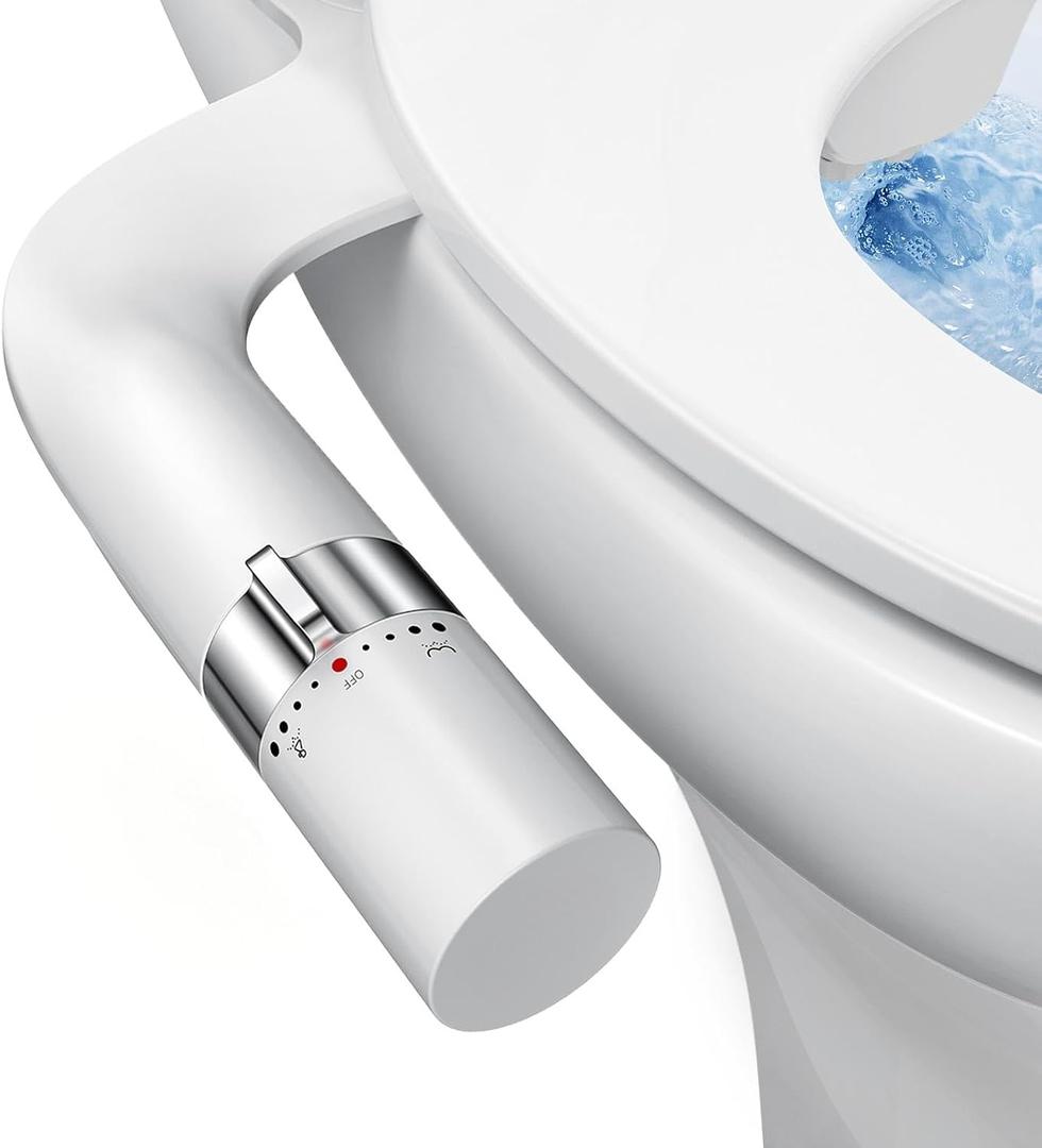 Bidet Attachment for Toilet, Ultra-Slim, Non Electric Dual Nozzle, Fresh Cold Water Spray Sprayer, Bidets Existing Toilets Seat, Baday Beday Badette Bedette, Feminine Rear Wash, Silver White