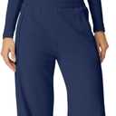 QINSEN Womens 2 Piece Sets Long Sleeve Slim Fit Crop Tops Wide Leg Pants Matching Lounge Set (Small, Navy Blue)