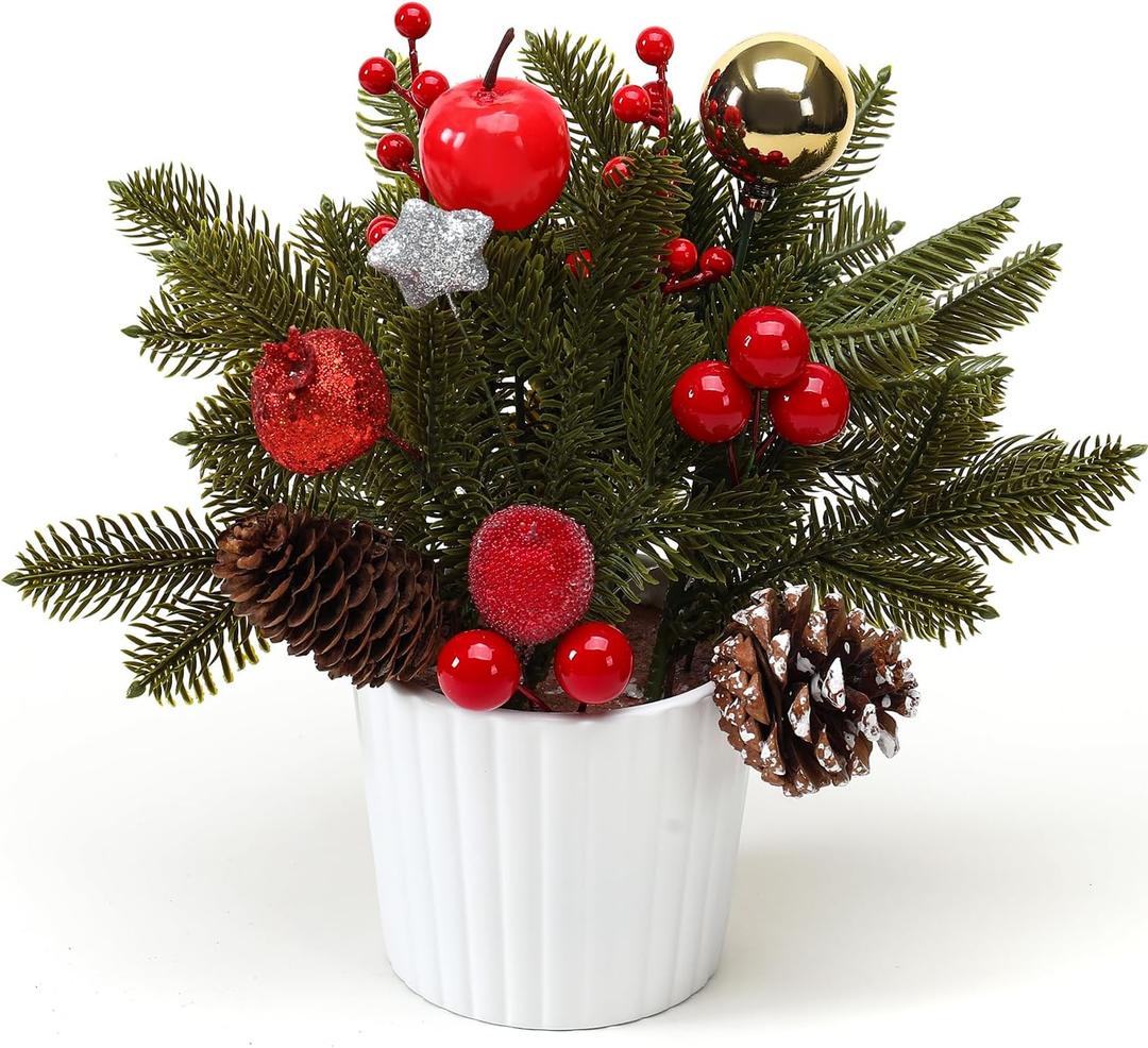 12 Inch Tabletop Christmas Tree with White Ceramic Potted,Mini Christmas Tree Holiday Decorations with Apples Pine Cones Gold Xmas Ball Berries for Home Indoor Xmas Tabel Decor (Red and Green)