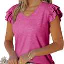 Dokotoo Women's Casual Ruffle Short Sleeve Tops Cute Solid Color Knit Ribbed T Shirts Blouses S
