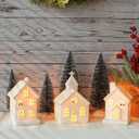 7PCS Christmas Village Sets - 3 LED Lighted Ceramic White Houses with 4 Decorative Christmas Trees Remote Control Led Candles for Xmas Home Tabletop Mantel Shelf Decor