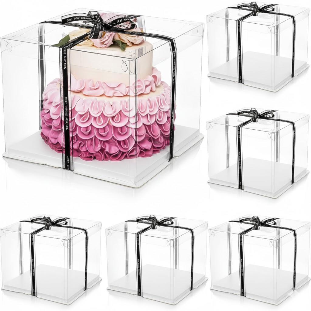 6 Pack Large Clear Cake Box with Ribbon, Tall Cake Box Carrier 12x12x10 Inch, Tiered Transparent Cake Packaging Boxes with Lid and Board, PET Clear Gift Containers for Birthday Wedding Party