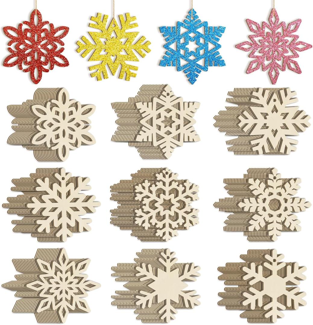36PCS Hollow Wooden Snowflake Ornaments for Paint Christmas Tree Decorations 9 Styles, Unfinished Wood Snowflakes for Crafts DIY Blank Cutouts Ornament Winter New Year Hanging Decorations (Large)