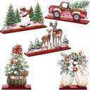 Huwena 5 Pcs Christmas Table Decorations Wooden Christmas Table Centerpieces Joy Sign Snowman Reindeer Gloves Signs for Winter Holiday Snow Xmas Dinner Coffee Tier Tray Decor(Classic,Red)