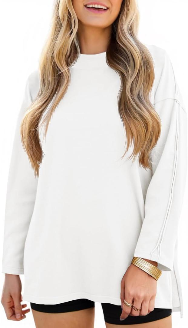 Tankaneo Womens Oversized Long Sleeve T Shirts Mock Neck Side Slit Tunic Tops Casual Loose Fit Tees (X-Large)