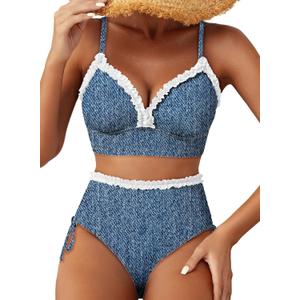 Herseas Women's Splice Ruffle Trim Bikini Sets Tie Side Swimsuits High Waisted Bathing Suits. L Size