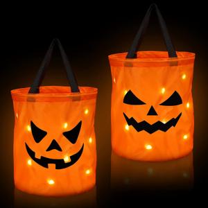 Shappy 2 Pcs 12 x 10 Inches Light LED Halloween Trick or Treat Bucket Candy Pumpkin Large Bags Collapsible Ghost Multipurpose Reusable Halloween Basket Birthday Party Goodie(Orange,Classic Style)