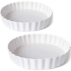 DELLING Set of 2 Ceramic Tart Pans, 9.5 inch Quiche Pan, Fluted Edge Quiche Baking Dish/Pie Pan, Perfect for Baking Tart Pies and Chicken Pot Pie, Cheesecake, Creme Brulee, Round, White