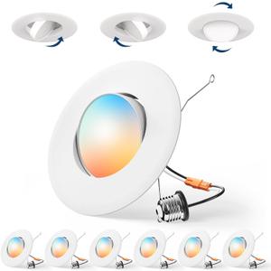 Amico 6 Pack 6 Inch Retrofit Eyeball Gimbal Can Lights, Adjustable Eyeball Directional 5CCT LED Recessed Lights, Dimmable, 2700K/3000K/3500K/4000K/5000K Selectable, 10W 950LM, ETL&FCC