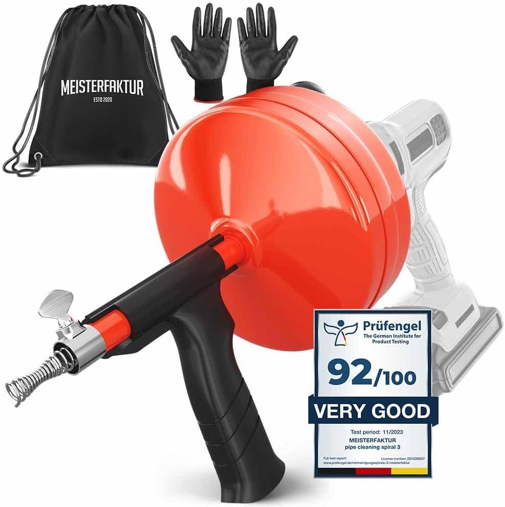 MEISTERFAKTUR drain snake 2.0 [50 FT] - with drill attachment - Ideal plumbing snake for sink and drain unblocking - Solid drain auger for real DYIs! (50 FT - 1/4 inch)