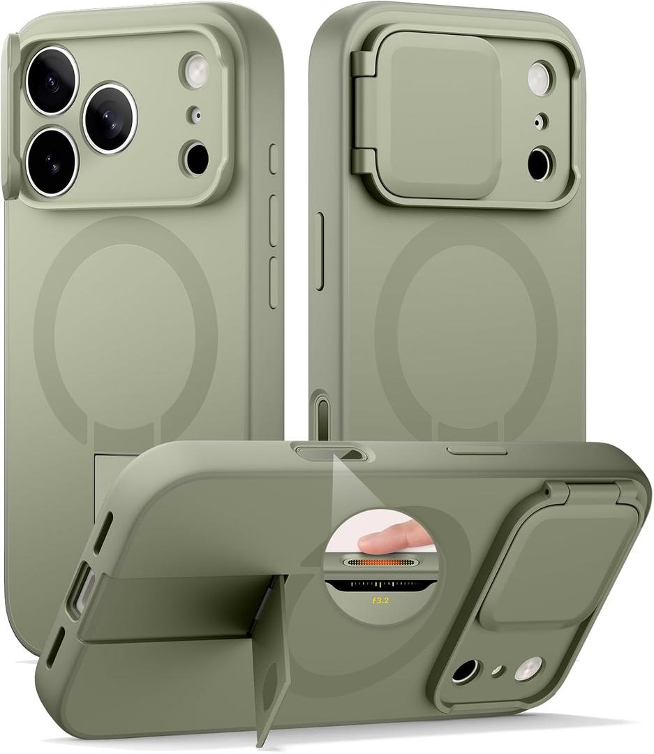 SURITCH for iPhone 17 Pro Case with Camera Control Cover, Camera Cover and Adjustable Kickstand, Compatible with MagSafe, Shockproof Bumper Protective Cases 6.3 Inch, Green