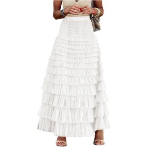 Gihuo Women's Long Maxi Tulle Skirts A Line High Waisted Tiered Layered Midi Skirt Mesh Ruffle Tutu Petticoat (White, Large)