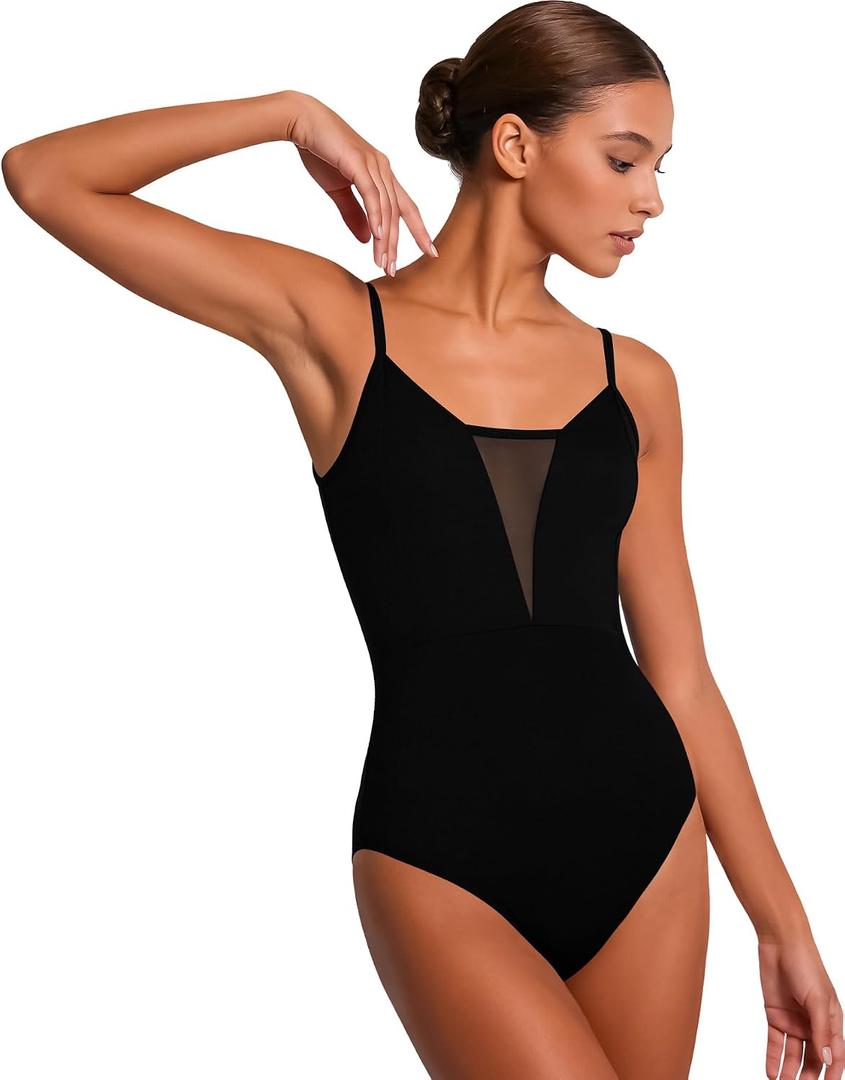 Women Dance Leotard Adjustable Mesh Camisole Ballet Leotard,Full Front Lining Black Small