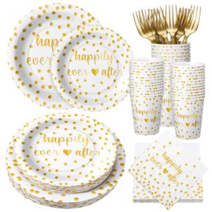 MotiMind 120 Pcs Happily Ever After Tableware Set Wedding Reception Party Table Decorations White and Gold Dot Paper Plates Cups Napkins Forks for 24 Guests Wedding Bridal Shower Engagement Party