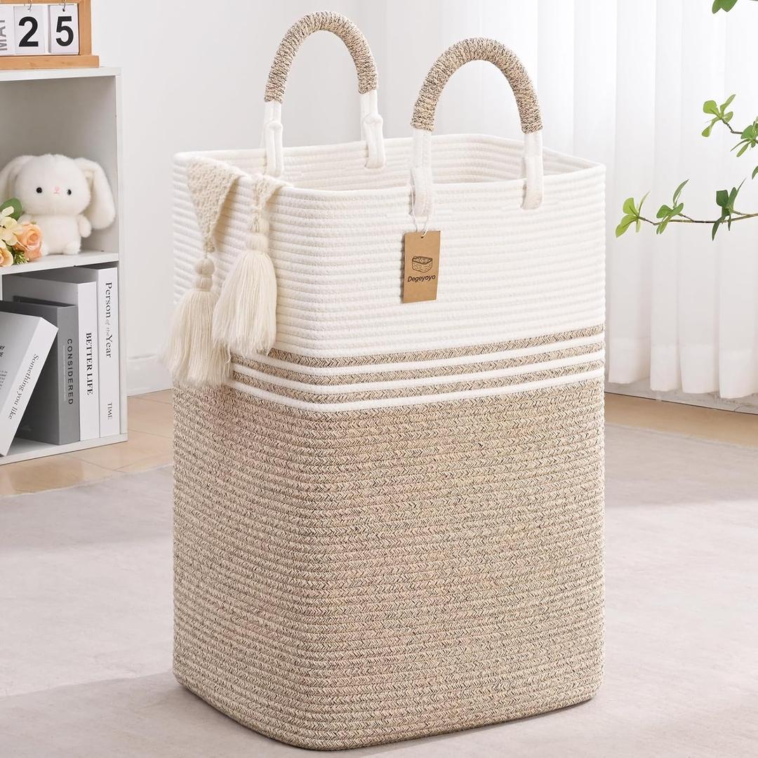 Laundry Basket Hamper,Blanket Storage,Dirty Clothes Hamper with Swivel Handles,Woven Cotton Rope Toy Baskets,Blanket Basket Living Room,Decorative Hampers for Nursery,Bedroom,White & Linen,60L