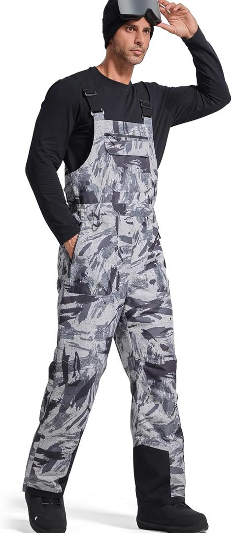 FREE SOLDIER Mens Snow Bibs Ski Pants Softshell Waterproof Insulated Warm Snow Pants Windproof Ski Bib Overalls (Small/ 30" Inseam, Camo Black)