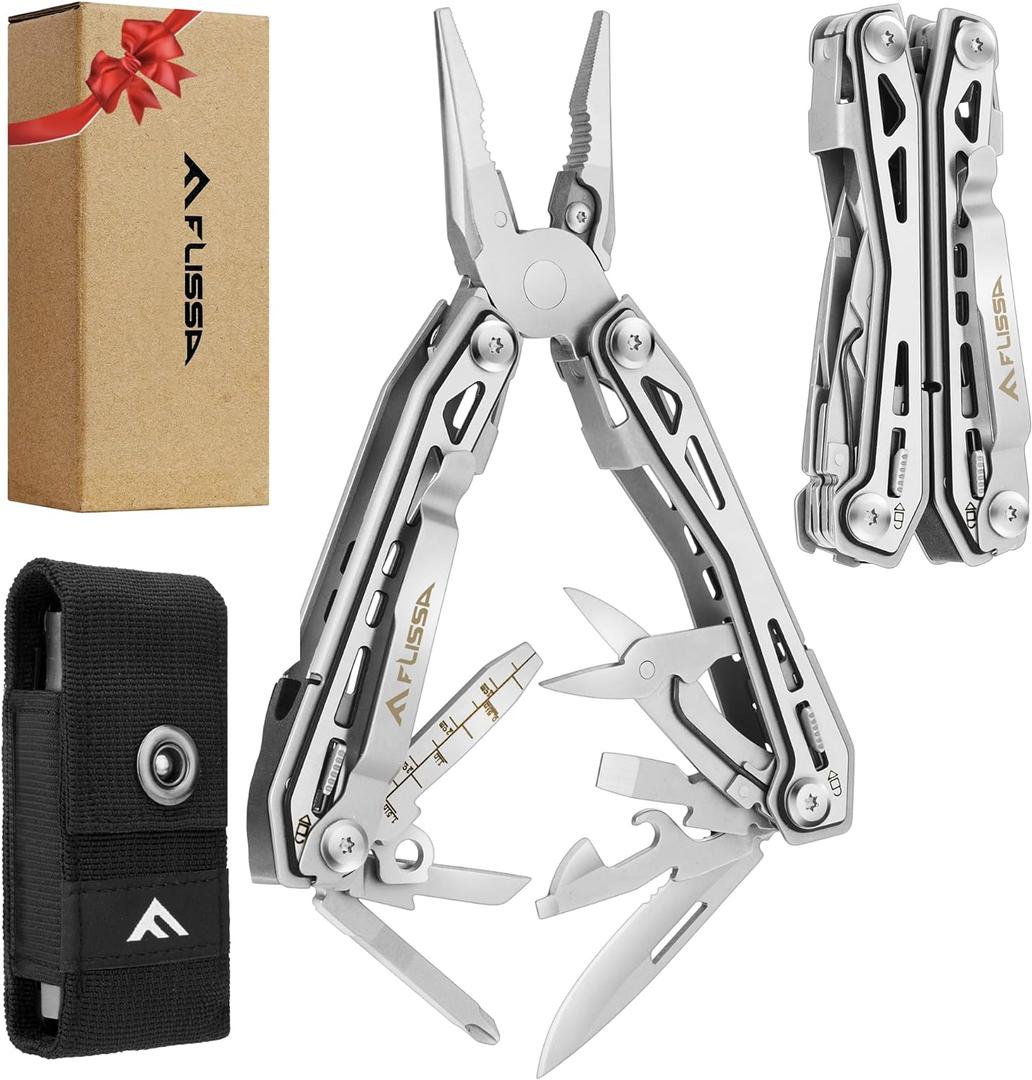 FLISSA 16-in-1 Stainless Steel Multi Tool, Gifts for Men, EDC Multitool with Pocket Knife, Pliers, Belt Clip and Oxford Sheath, Self-locking Utility Multi-Tool for Camping Survival Outdoor (Silver)