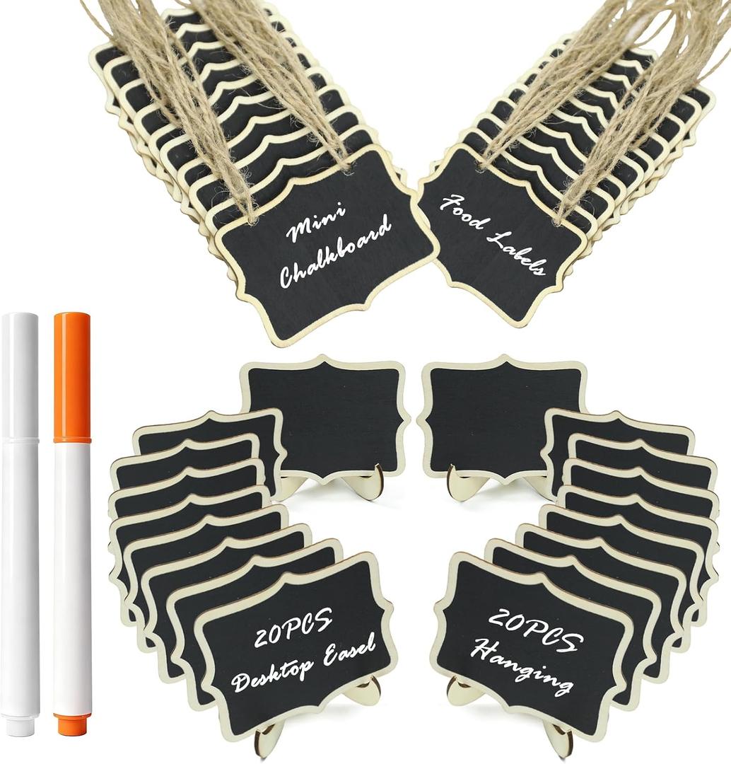 40 Pack Mini Chalkboard Signs - 20 Easel Stand & 20 Hanging Tags with 2 Markers, Wooden Food Labels for Buffet, Party, Wedding, Place Cards, Table Numbers Decor