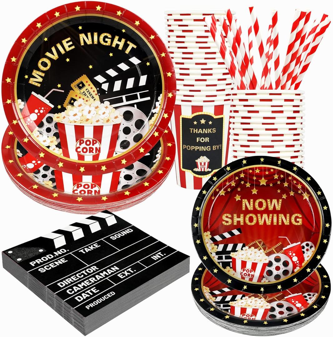 Recheel Movie Night Party Supplies Decorations, Movie Theme Birthday Paper Plates and Napkins Set with Cups and Straws for 24 Guests, 120 Pcs Disposable Party Snack Dinnerwares