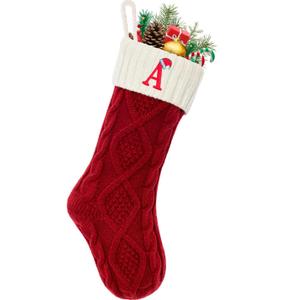Christmas Stockings with Initials, Letter A Embroidered Xmas Stockings, 18" Large Monogram Knitted Xmas Stocking, Christmas Party Fireplace Family Hanging Stocking Decorations 1Pcs Red-White