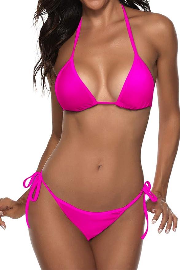 Women Two Piece Swimsuit Sexy Swimwear Halter String Triangle Bikini Sets M, Rose Red