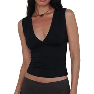 Women Deep V Neck Tops Sexy Sleeveless Crop Top Stretchy Trendy Going Out Tank Top Cute Summer Clothes, XS