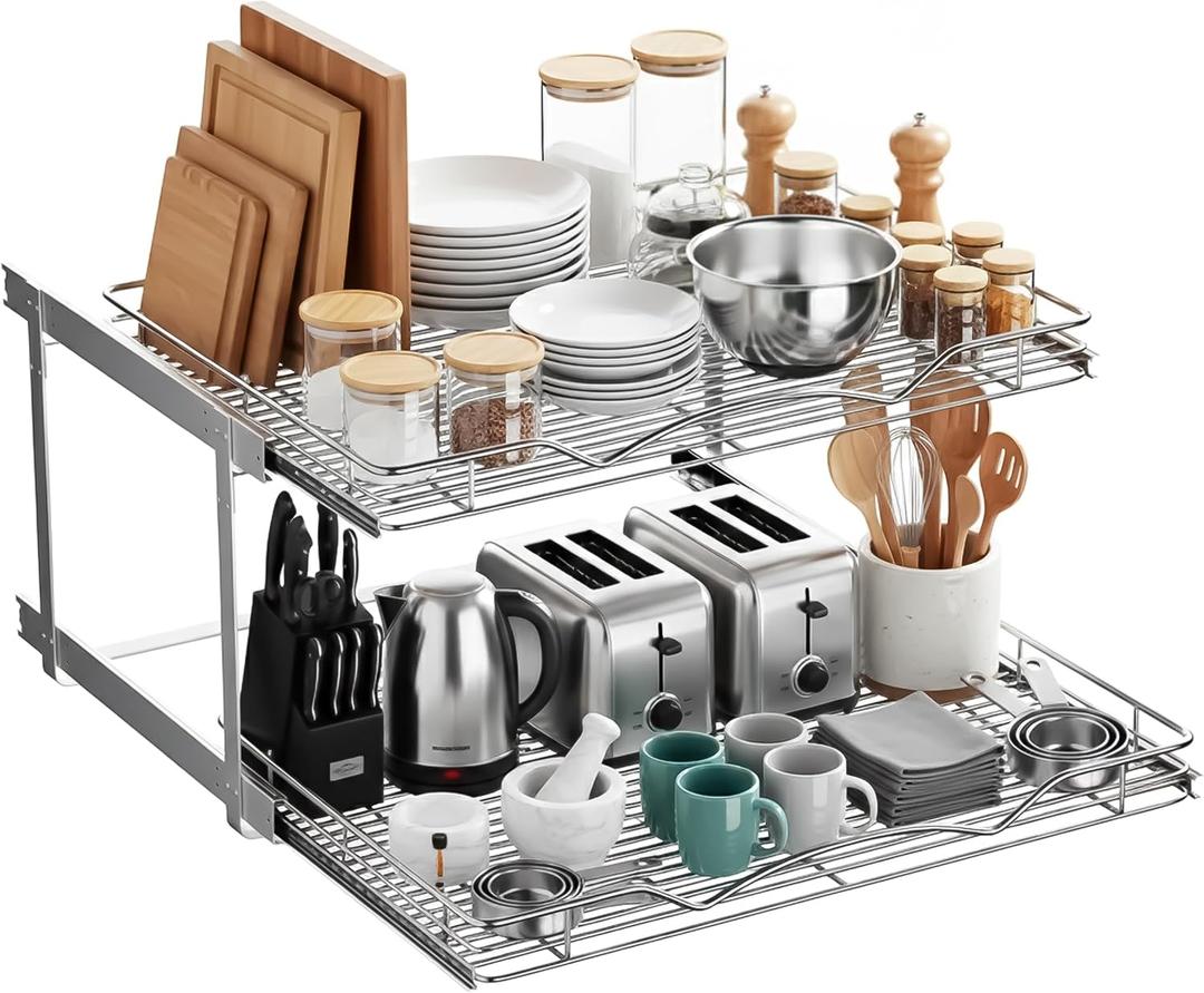 2-Tier Pull-Out Cabinet Organizer with Heavy-Duty Steel Frame, Full-Extension Sliding Shelves, Holds 100 lbs, Easy Install for Kitchen, Pantry & Under Sink Cabinets, 28" W x 21D x 16.5" H