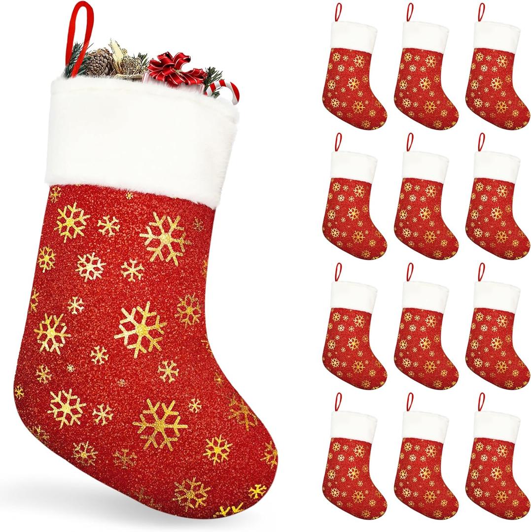 SYITCUN 12pcs Christmas Stockings, 18 Christmas Stockings Bulk with Golden Snowflakes, Red Stockings with Sparkling Surface,Perfect for Xmas Fireplace Staircase Decoration