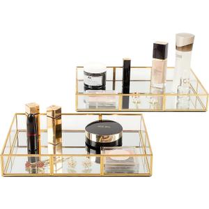 Perfume Tray Vanity Tray with Metal Frame, Gold Tray for Bathroom, Jewelry or Home Decoration 2 Pcs (L+S)